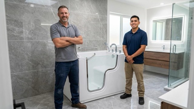 Walk-In Tub Contractor Grand Rapids installer with a customer in their bathroom